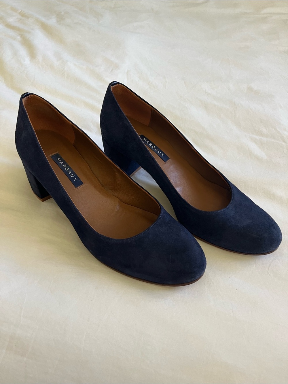 Margaux Navy Suede Mid Block Heel Pumps
